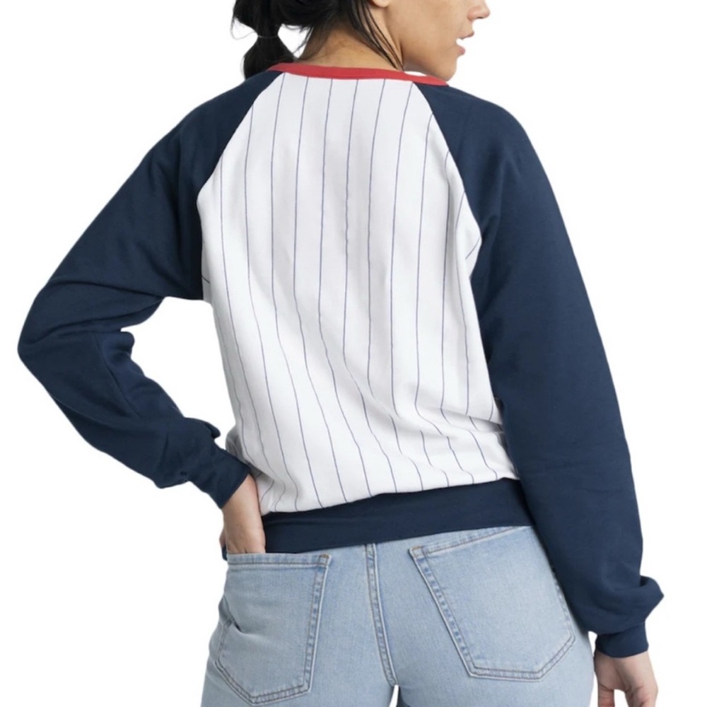Women's New York Yankees Navy and White baseball sweatshirt.